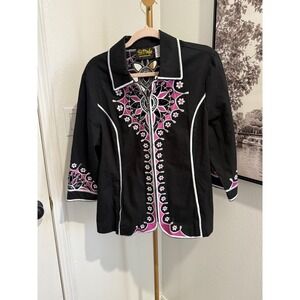 Bob Mackie Wearable Art Black Embroidered Jacket Womens Size L Floral Western‎